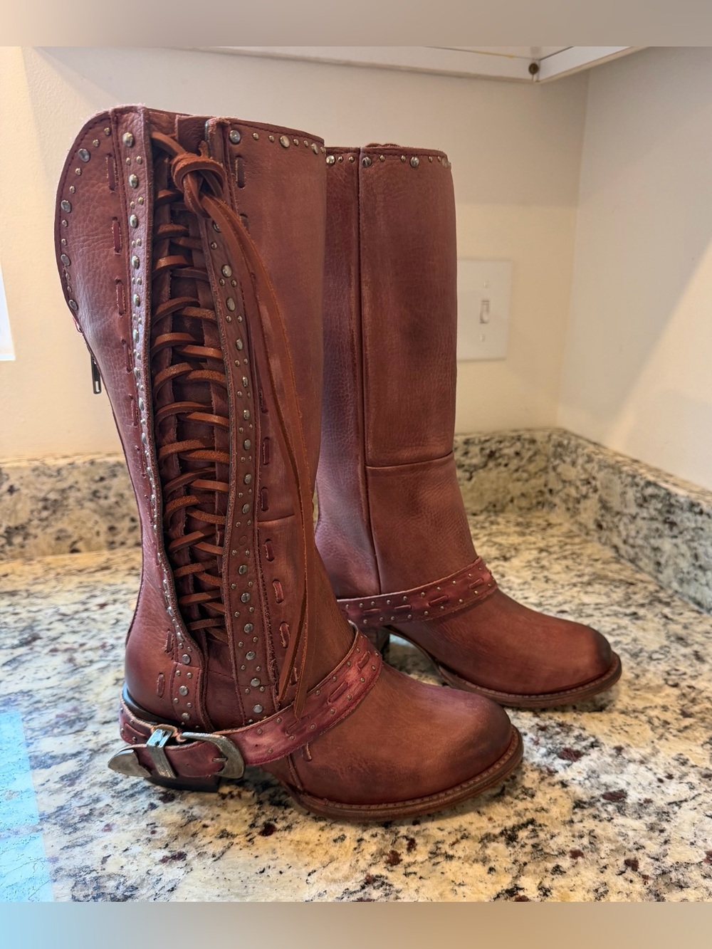 Freebird Contour Burgundy Leather Lace-Up Studded Riding Boots 6 NEW